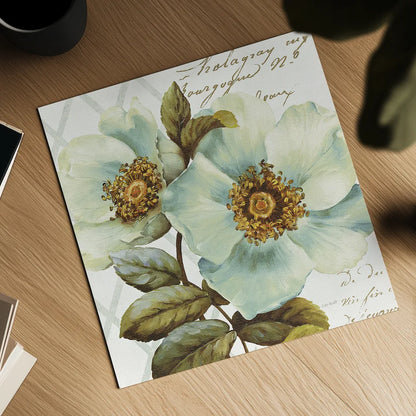 White Floral Bliss I by Lisa Audit. Shown as a detailed flat fine art print, highlighting archival giclee quality. Available as an archival giclee rolled canvas, fine art paper, or poster print. SKU 13008a.