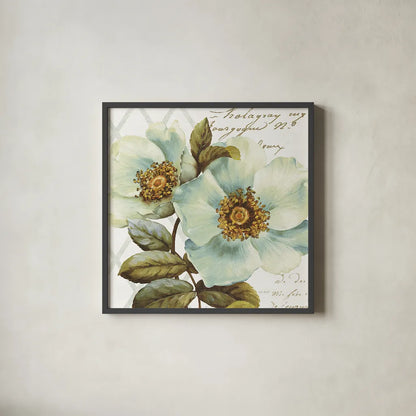 White Floral Bliss I by Lisa Audit. Shown in a sleek black glass frame for a contemporary gallery look. Available as an archival giclee rolled canvas, fine art paper, or poster print. SKU 13008a.