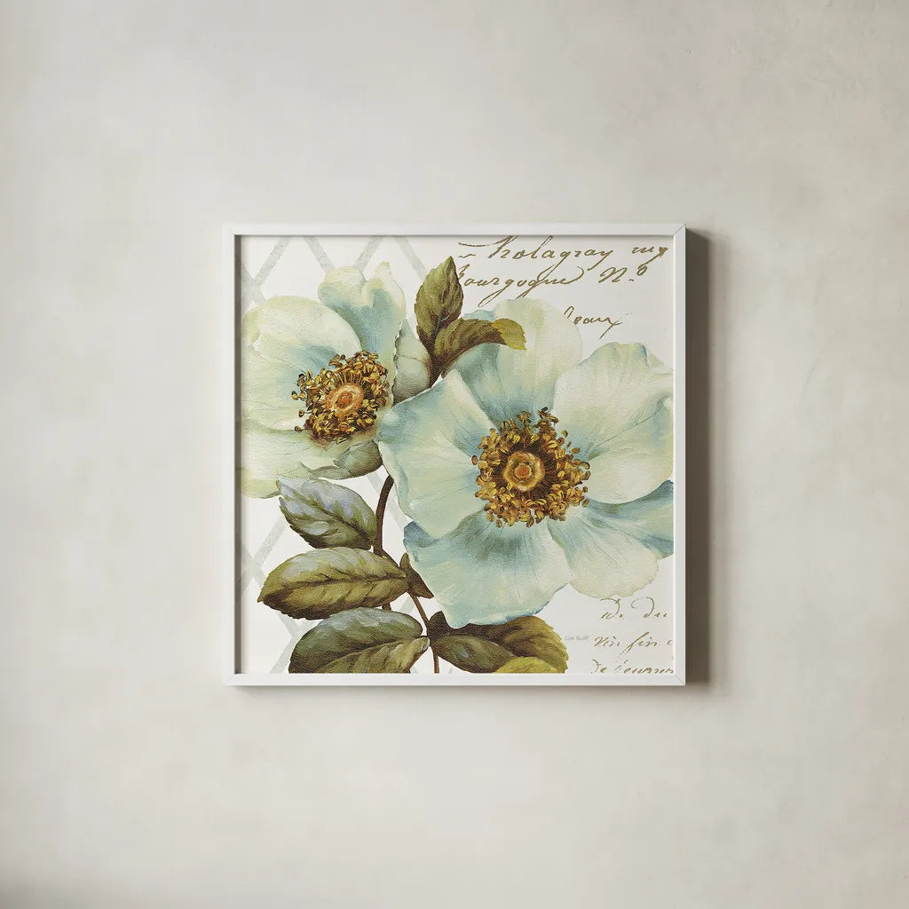 White Floral Bliss I by Lisa Audit. Shown in a crisp white glass frame for a clean and minimalist style. Available as an archival giclee rolled canvas, fine art paper, or poster print. SKU 13008a.