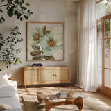 White Floral Bliss I by Lisa Audit. Shown in a natural wood frame in a cozy modern living room. Available as an archival giclee rolled canvas, fine art paper, or poster print. SKU 13008a.