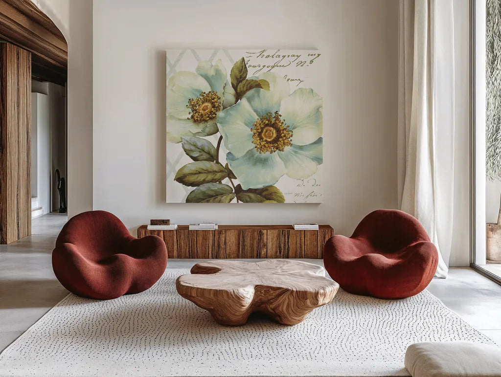White Floral Bliss I by Lisa Audit. Shown as extra-large giant wall art in a modern living room. Available as an archival giclee rolled canvas, fine art paper, or poster print. SKU 13008a.