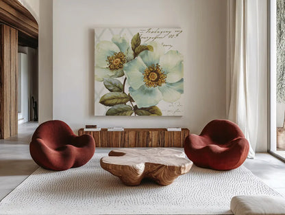 White Floral Bliss I by Lisa Audit. Shown as extra-large giant wall art in a modern living room. Available as an archival giclee rolled canvas, fine art paper, or poster print. SKU 13008a.