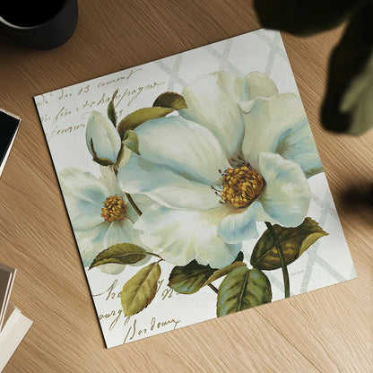 White Floral Bliss II by Lisa Audit. Shown as a detailed flat fine art print, highlighting archival giclee quality. Available as an archival giclee rolled canvas, fine art paper, or poster print. SKU 13009a.