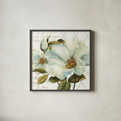 White Floral Bliss II by Lisa Audit. Shown in a sleek black glass frame for a contemporary gallery look. Available as an archival giclee rolled canvas, fine art paper, or poster print. SKU 13009a.