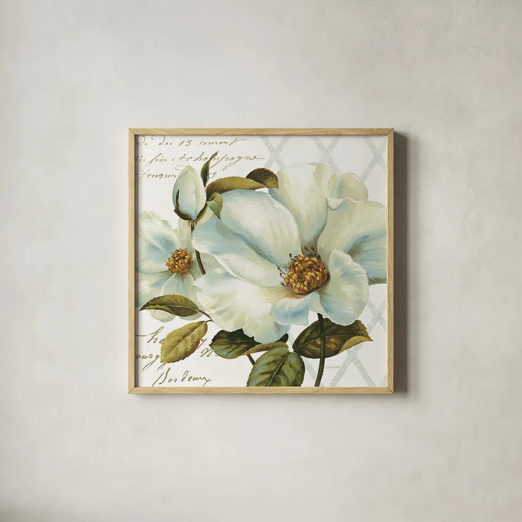 White Floral Bliss II by Lisa Audit. Shown in a natural wood glass frame for a timeless modern aesthetic. Available as an archival giclee rolled canvas, fine art paper, or poster print. SKU 13009a.