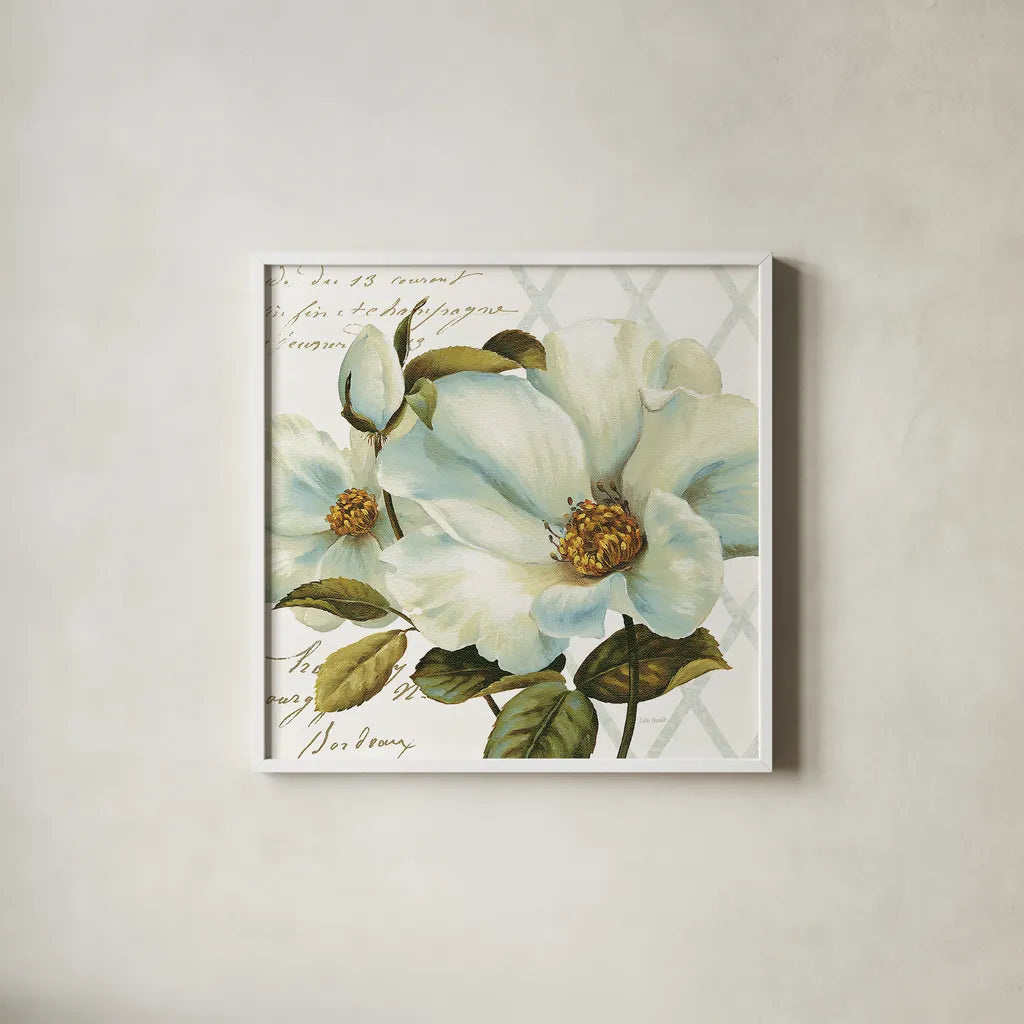 White Floral Bliss II by Lisa Audit. Shown in a crisp white glass frame for a clean and minimalist style. Available as an archival giclee rolled canvas, fine art paper, or poster print. SKU 13009a.