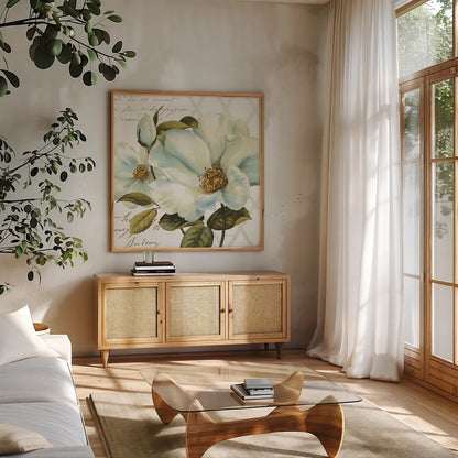 White Floral Bliss II by Lisa Audit. Shown in a natural wood frame in a cozy modern living room. Available as an archival giclee rolled canvas, fine art paper, or poster print. SKU 13009a.