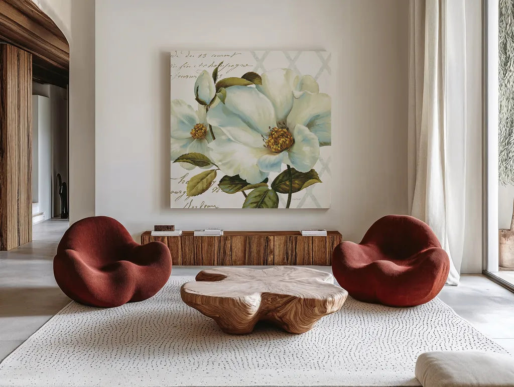 White Floral Bliss II by Lisa Audit. Shown as extra-large giant wall art in a modern living room. Available as an archival giclee rolled canvas, fine art paper, or poster print. SKU 13009a.