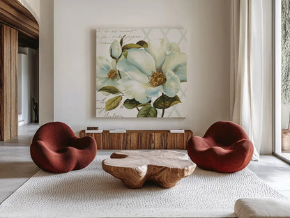 White Floral Bliss II by Lisa Audit. Shown as extra-large giant wall art in a modern living room. Available as an archival giclee rolled canvas, fine art paper, or poster print. SKU 13009a.