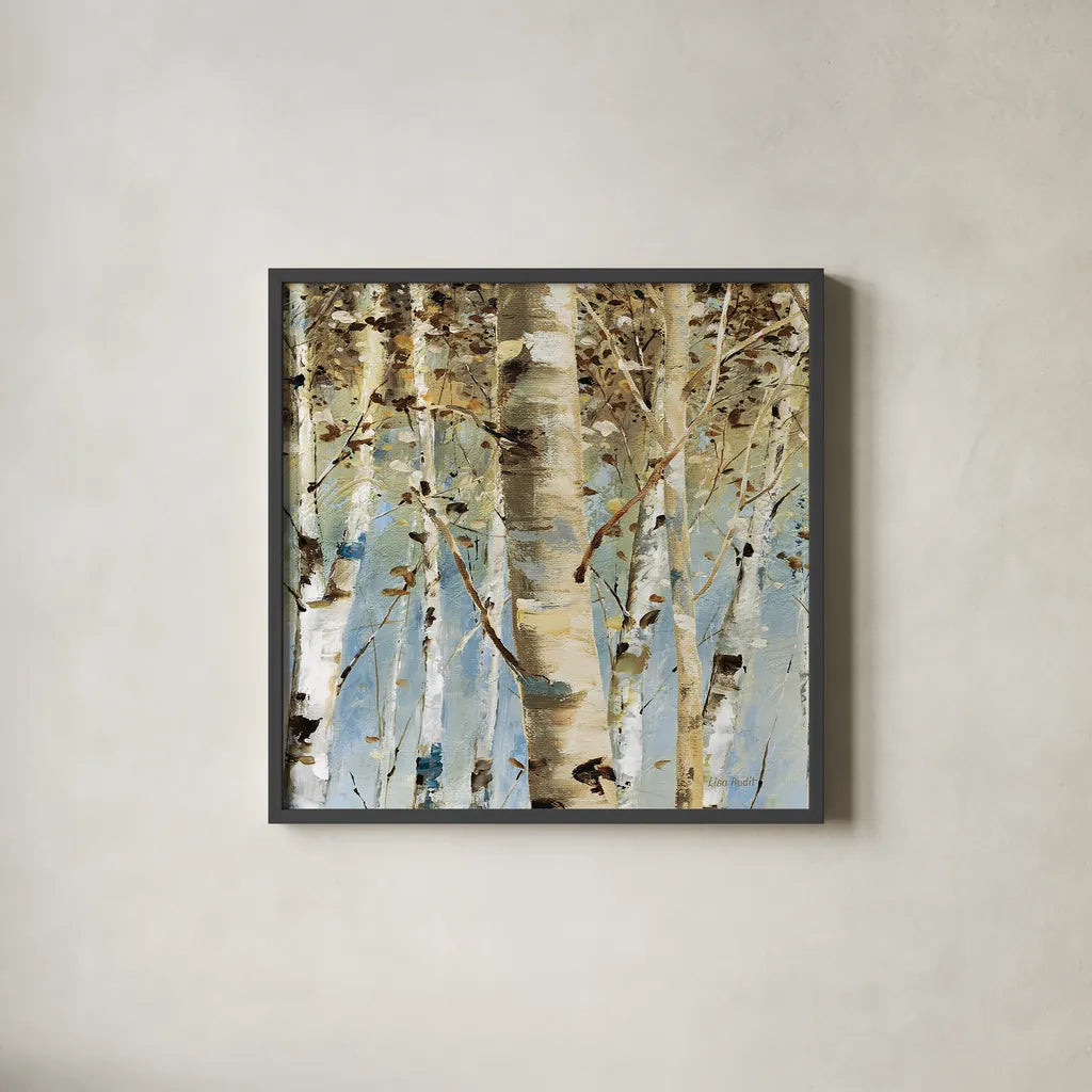 White Forest III by Lisa Audit. Shown in a sleek black glass frame for a contemporary gallery look. Available as an archival giclee rolled canvas, fine art paper, or poster print. SKU 21271a.