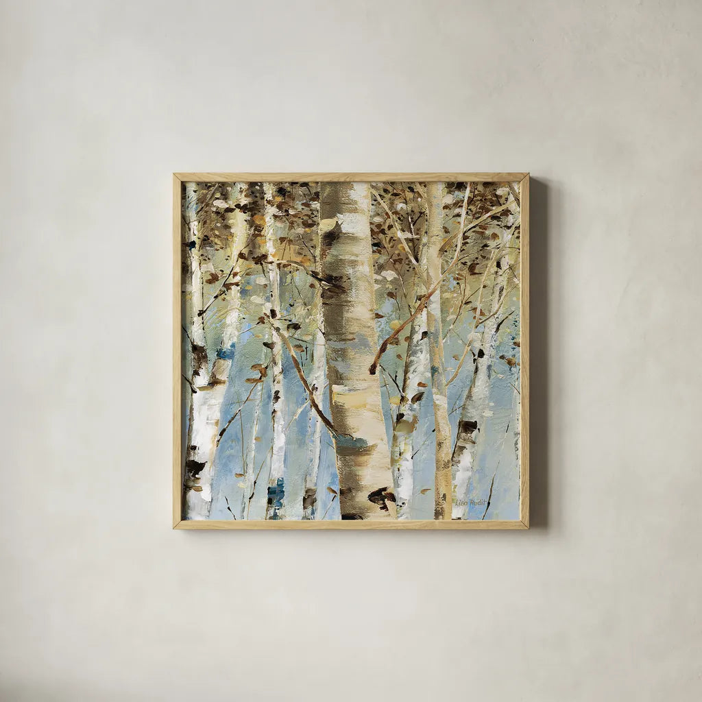 White Forest III by Lisa Audit. Shown in a natural wood glass frame for a timeless modern aesthetic. Available as an archival giclee rolled canvas, fine art paper, or poster print. SKU 21271a.