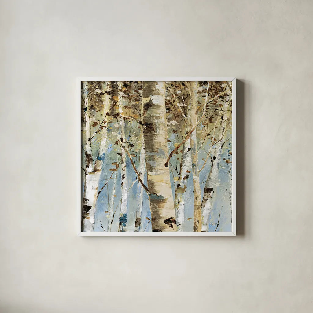 White Forest III by Lisa Audit. Shown in a crisp white glass frame for a clean and minimalist style. Available as an archival giclee rolled canvas, fine art paper, or poster print. SKU 21271a.