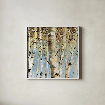 White Forest III by Lisa Audit. Shown in a crisp white glass frame for a clean and minimalist style. Available as an archival giclee rolled canvas, fine art paper, or poster print. SKU 21271a.