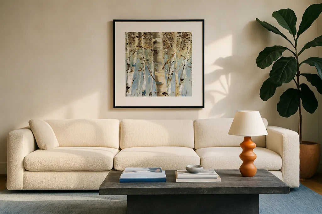 White Forest III by Lisa Audit. Displayed in a glass frame with matte in a clean modern living room. Available as an archival giclee rolled canvas, fine art paper, or poster print. SKU 21271a.