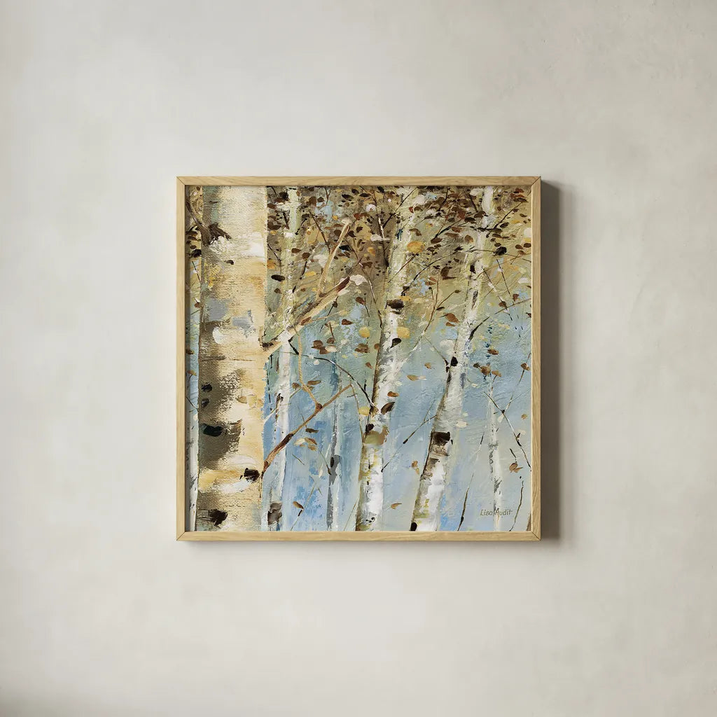 White Forest IV by Lisa Audit. Shown in a natural wood glass frame for a timeless modern aesthetic. Available as an archival giclee rolled canvas, fine art paper, or poster print. SKU 21272a.