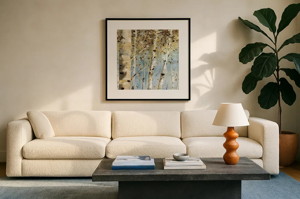 White Forest IV by Lisa Audit. Displayed in a glass frame with matte in a clean modern living room. Available as an archival giclee rolled canvas, fine art paper, or poster print. SKU 21272a.