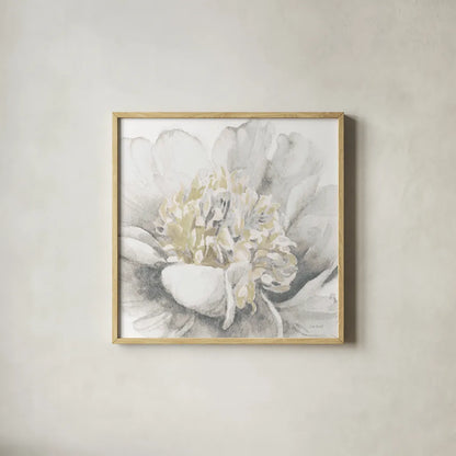 White Garden V by Lisa Audit. Shown in a natural wood glass frame for a timeless modern aesthetic. Available as an archival giclee rolled canvas, fine art paper, or poster print. SKU 44192a.