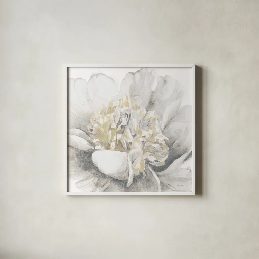 White Garden V by Lisa Audit. Shown in a crisp white glass frame for a clean and minimalist style. Available as an archival giclee rolled canvas, fine art paper, or poster print. SKU 44192a.
