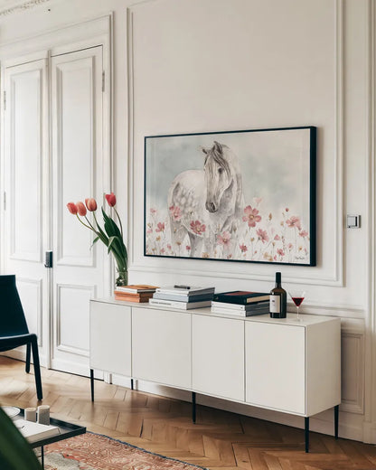 Wild Horses I by Lisa Audit. shown as a framed stretched canvas in a living room above a console. Available as a archival giclee rolled canvas, fine art paper, or poster print. SKU 37942i.