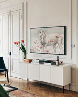 Wild Horses II by Lisa Audit. shown as a framed stretched canvas in a living room above a console. Available as a archival giclee rolled canvas, fine art paper, or poster print. SKU 37943i.