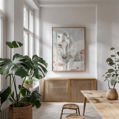 Wild Horses II Crop by Lisa Audit. shown as a print in a natural wood frame in a dining room. Available as a archival giclee rolled canvas, fine art paper, or poster print. SKU 37943h.