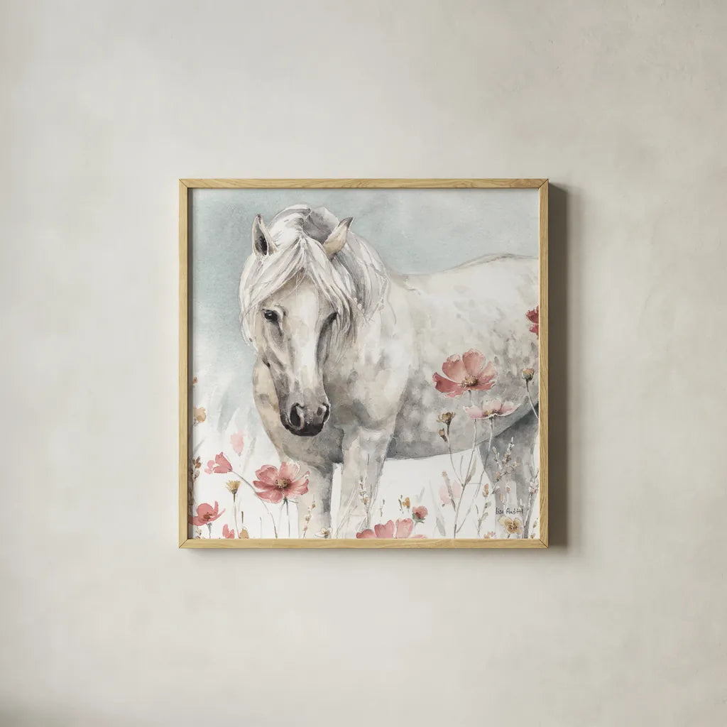Wild Horses V by Lisa Audit. Shown in a natural wood glass frame for a timeless modern aesthetic. Available as an archival giclee rolled canvas, fine art paper, or poster print. SKU 37946a.