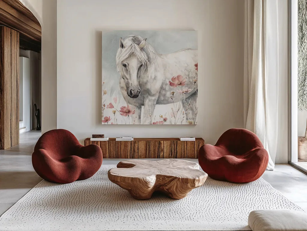 Wild Horses V by Lisa Audit. Shown as extra-large giant wall art in a modern living room. Available as an archival giclee rolled canvas, fine art paper, or poster print. SKU 37946a.