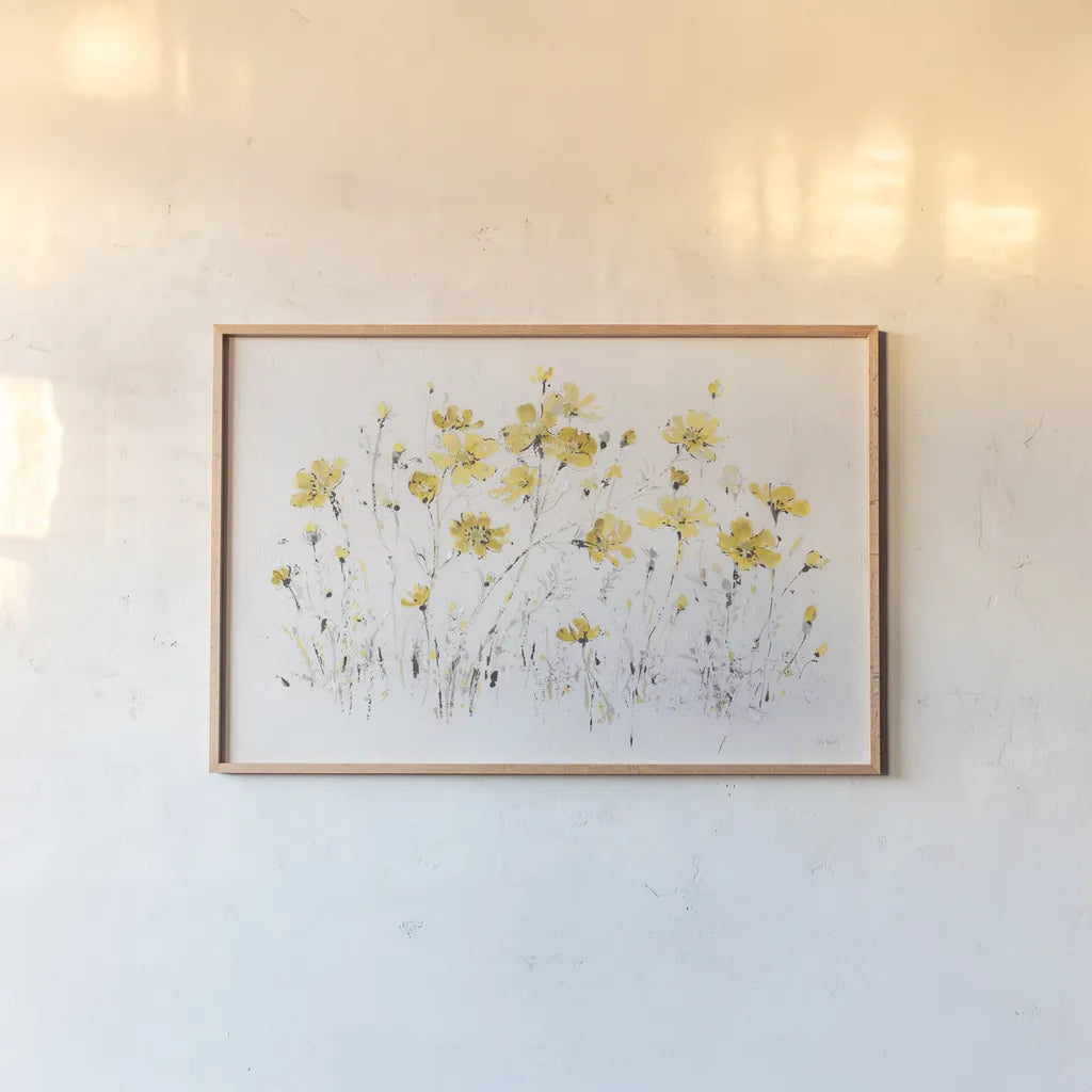 Wildflowers I Bright Yellow by Lisa Audit. shown as a paper print in a natural frame. Available as a archival giclee rolled canvas, fine art paper, or poster print. SKU 48709i.