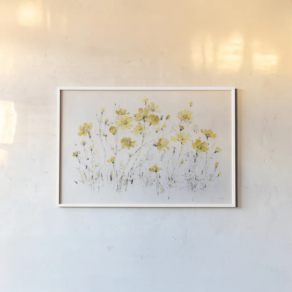 Wildflowers I Bright Yellow by Lisa Audit. shown as a paper print in a white frame. Available as a archival giclee rolled canvas, fine art paper, or poster print. SKU 48709i.