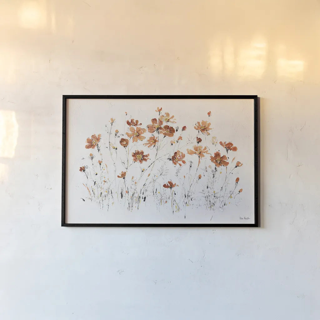 Wildflowers I Orange by Lisa Audit. shown as a paper print in a black flame. Available as a archival giclee rolled canvas, fine art paper, or poster print. SKU 37428i.