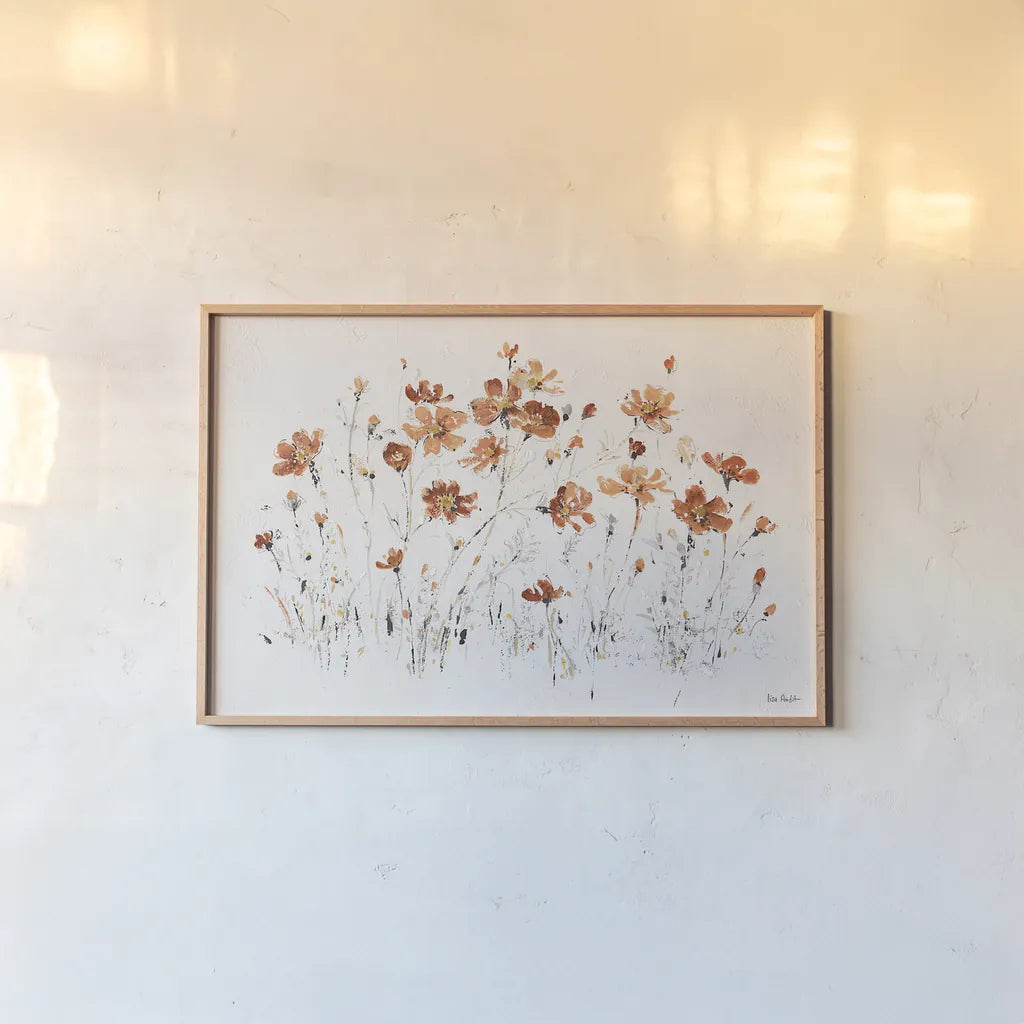 Wildflowers I Orange by Lisa Audit. shown as a paper print in a natural frame. Available as a archival giclee rolled canvas, fine art paper, or poster print. SKU 37428i.