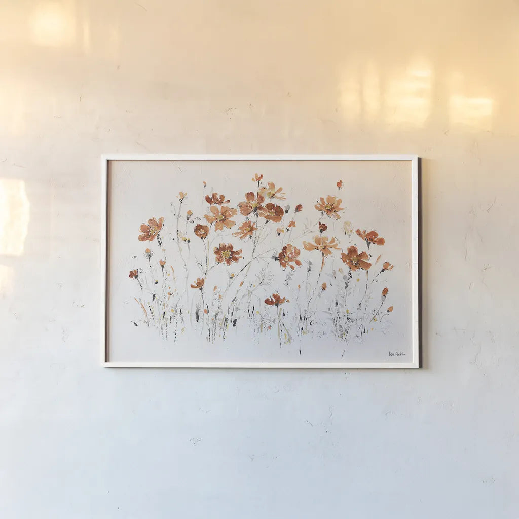 Wildflowers I Orange by Lisa Audit. shown as a paper print in a white frame. Available as a archival giclee rolled canvas, fine art paper, or poster print. SKU 37428i.