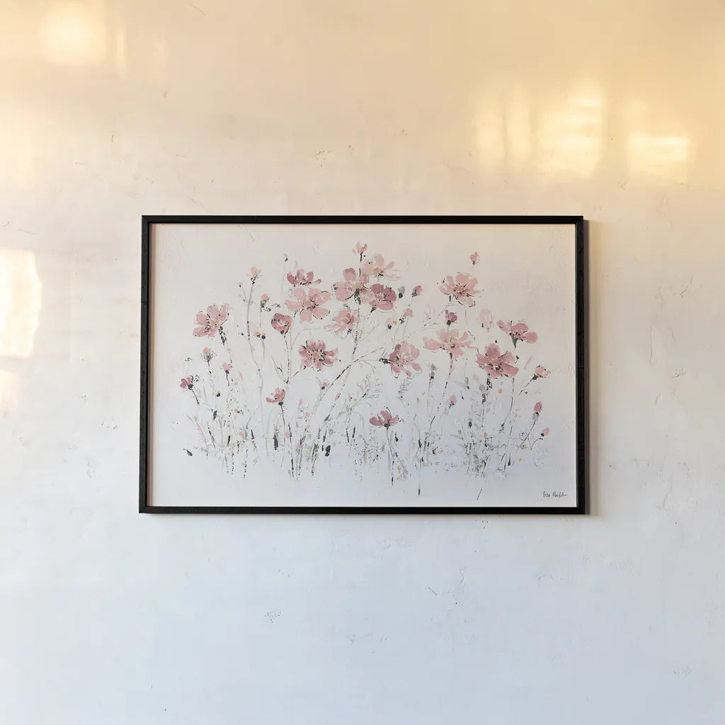 Wildflowers I Pink by Lisa Audit. shown as a paper print in a black flame. Available as a archival giclee rolled canvas, fine art paper, or poster print. SKU 37431i.