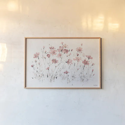 Wildflowers I Pink by Lisa Audit. shown as a paper print in a natural frame. Available as a archival giclee rolled canvas, fine art paper, or poster print. SKU 37431i.