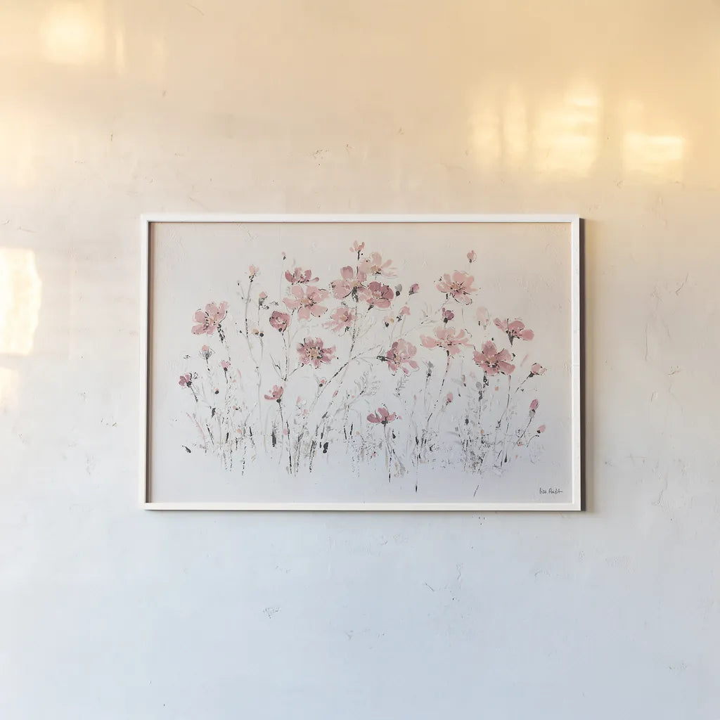 Wildflowers I Pink by Lisa Audit. shown as a paper print in a white frame. Available as a archival giclee rolled canvas, fine art paper, or poster print. SKU 37431i.