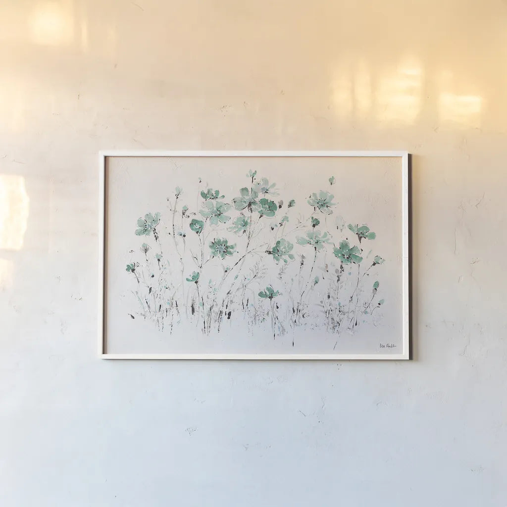 Wildflowers I Turquoise by Lisa Audit. shown as a paper print in a white frame. Available as a archival giclee rolled canvas, fine art paper, or poster print. SKU 37434i.