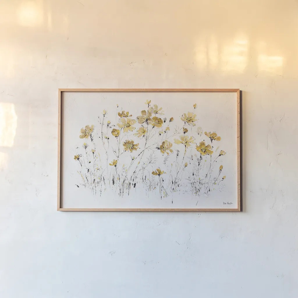 Wildflowers I Yellow by Lisa Audit. shown as a paper print in a natural frame. Available as a archival giclee rolled canvas, fine art paper, or poster print. SKU 37437i.