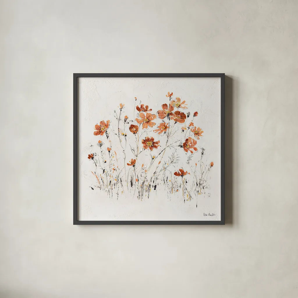 Wildflowers II Orange by Lisa Audit. Shown in a sleek black glass frame for a contemporary gallery look. Available as an archival giclee rolled canvas, fine art paper, or poster print. SKU 37429a.