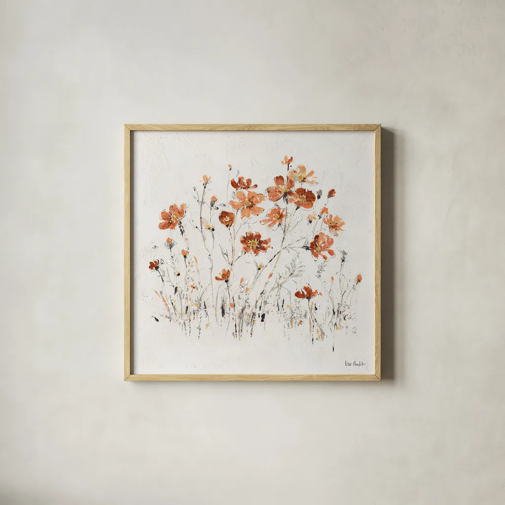 Wildflowers II Orange by Lisa Audit. Shown in a natural wood glass frame for a timeless modern aesthetic. Available as an archival giclee rolled canvas, fine art paper, or poster print. SKU 37429a.