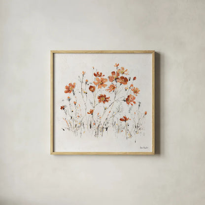 Wildflowers II Orange by Lisa Audit. Shown in a natural wood glass frame for a timeless modern aesthetic. Available as an archival giclee rolled canvas, fine art paper, or poster print. SKU 37429a.