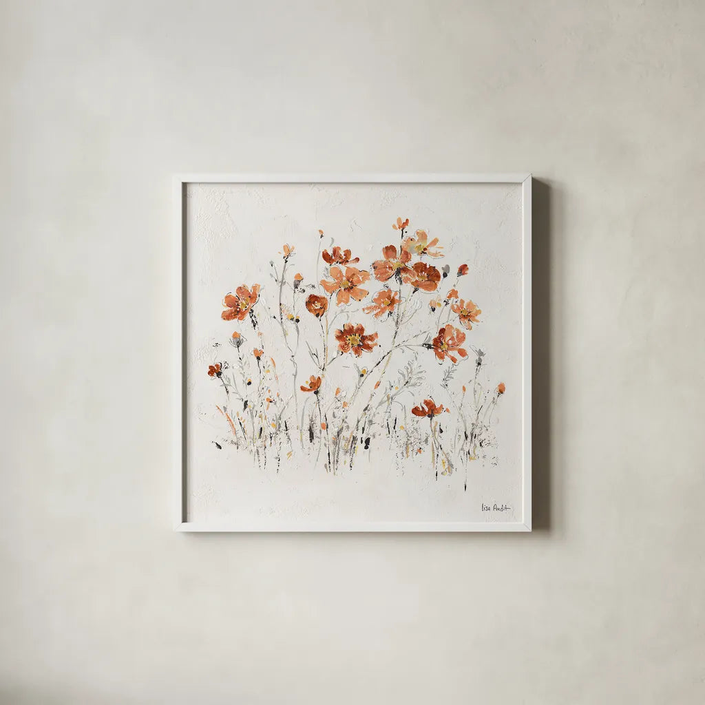 Wildflowers II Orange by Lisa Audit. Shown in a crisp white glass frame for a clean and minimalist style. Available as an archival giclee rolled canvas, fine art paper, or poster print. SKU 37429a.