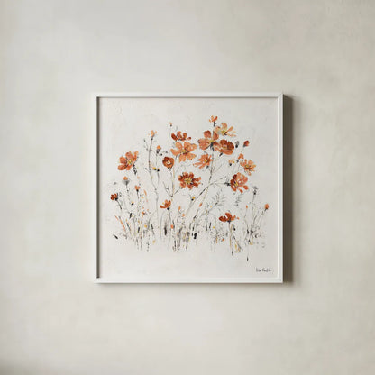 Wildflowers II Orange by Lisa Audit. Shown in a crisp white glass frame for a clean and minimalist style. Available as an archival giclee rolled canvas, fine art paper, or poster print. SKU 37429a.