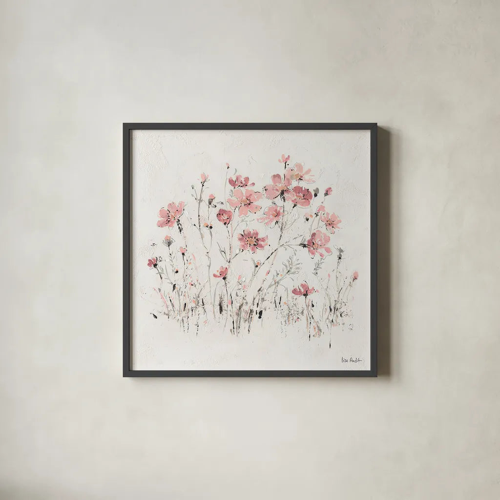 Wildflowers II Pink by Lisa Audit. Shown in a sleek black glass frame for a contemporary gallery look. Available as an archival giclee rolled canvas, fine art paper, or poster print. SKU 37432a.
