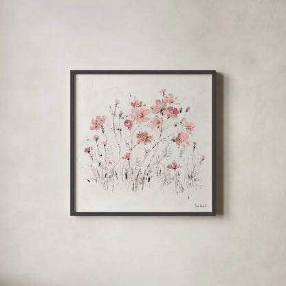 Wildflowers II Pink by Lisa Audit. Shown in a sleek black glass frame for a contemporary gallery look. Available as an archival giclee rolled canvas, fine art paper, or poster print. SKU 37432a.