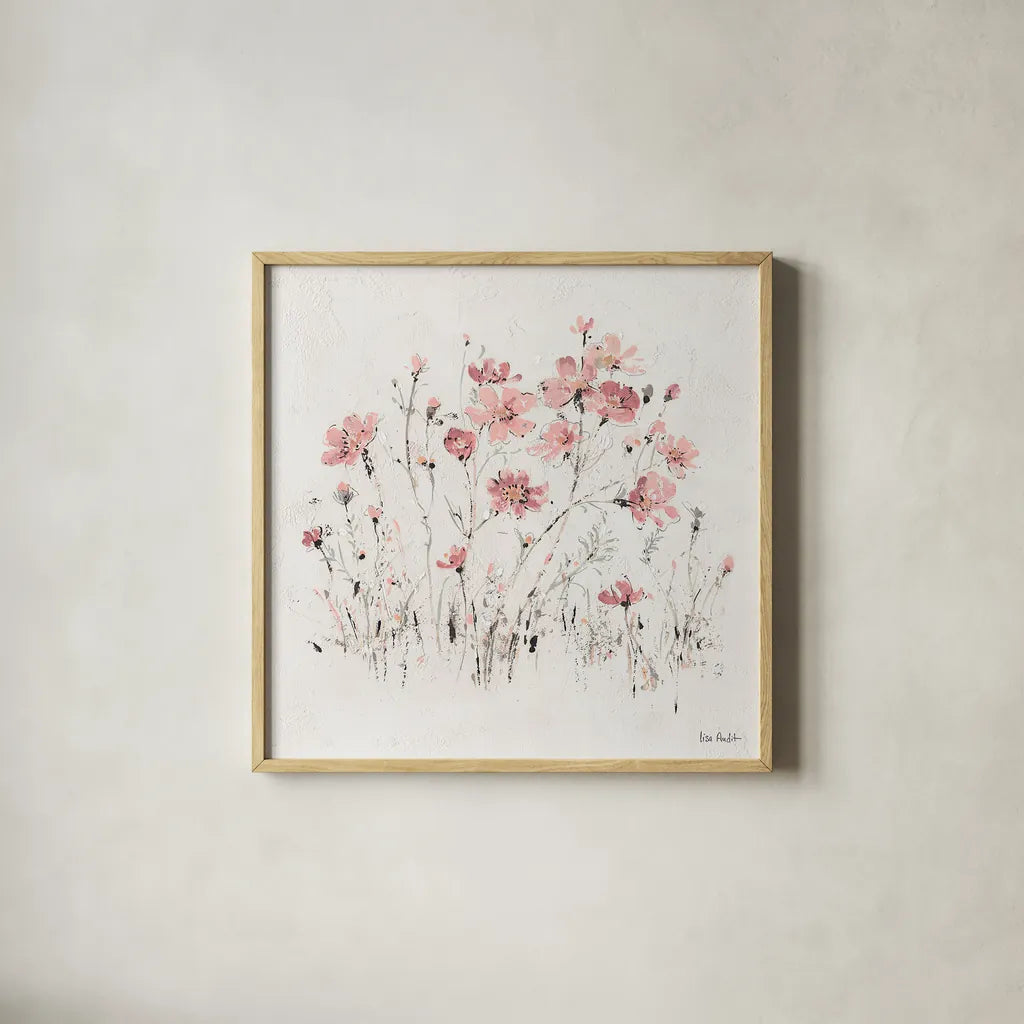Wildflowers II Pink by Lisa Audit. Shown in a natural wood glass frame for a timeless modern aesthetic. Available as an archival giclee rolled canvas, fine art paper, or poster print. SKU 37432a.