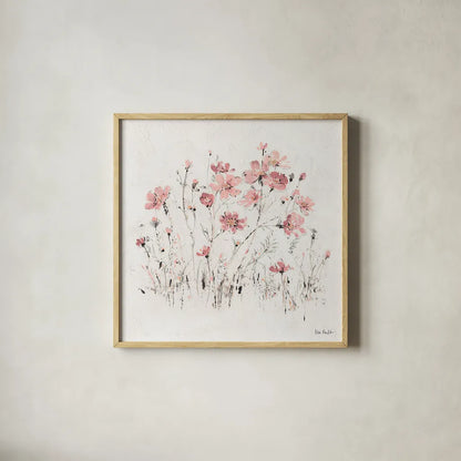 Wildflowers II Pink by Lisa Audit. Shown in a natural wood glass frame for a timeless modern aesthetic. Available as an archival giclee rolled canvas, fine art paper, or poster print. SKU 37432a.