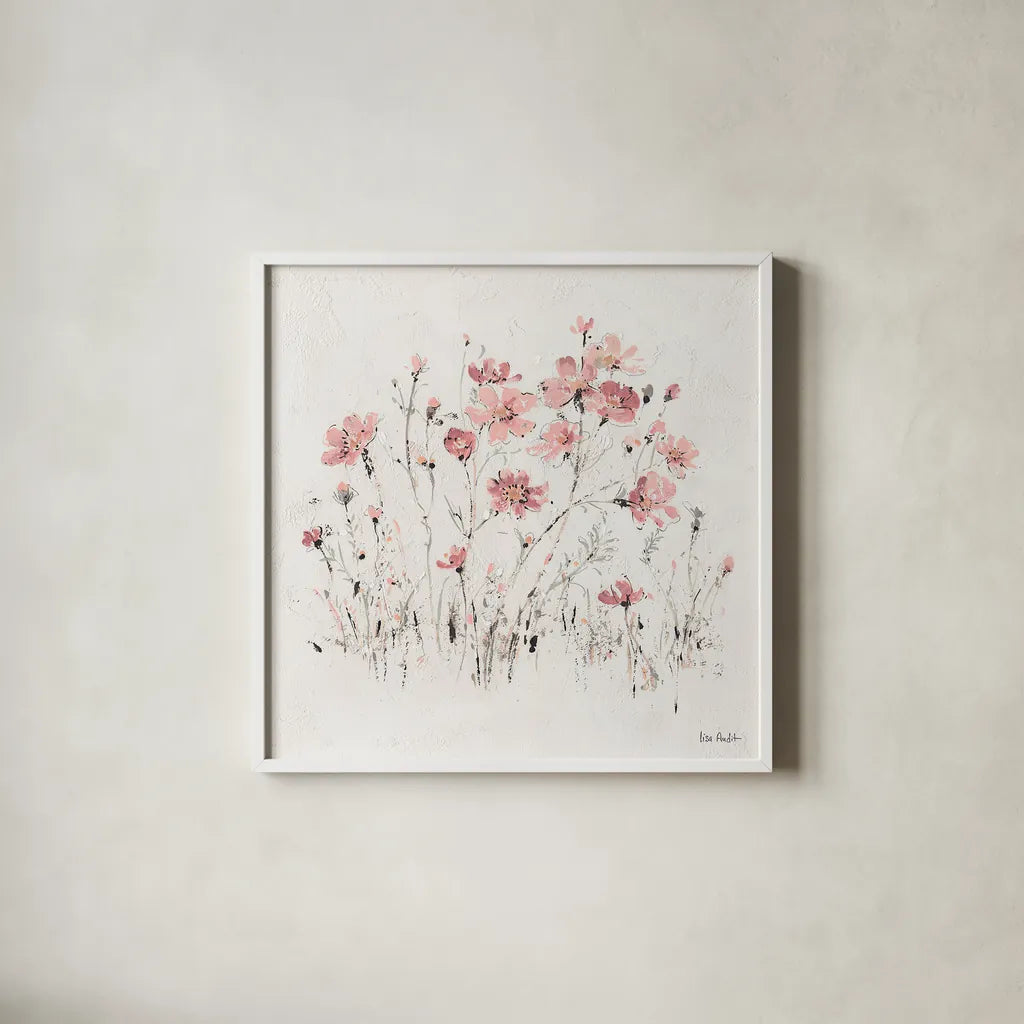 Wildflowers II Pink by Lisa Audit. Shown in a crisp white glass frame for a clean and minimalist style. Available as an archival giclee rolled canvas, fine art paper, or poster print. SKU 37432a.