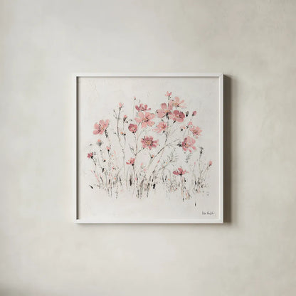 Wildflowers II Pink by Lisa Audit. Shown in a crisp white glass frame for a clean and minimalist style. Available as an archival giclee rolled canvas, fine art paper, or poster print. SKU 37432a.