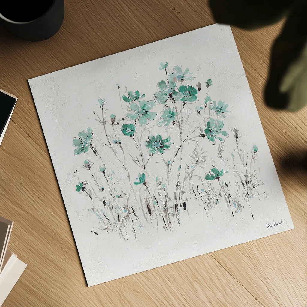 Wildflowers II Turquoise by Lisa Audit. Shown as a detailed flat fine art print, highlighting archival giclee quality. Available as an archival giclee rolled canvas, fine art paper, or poster print. SKU 37435a.