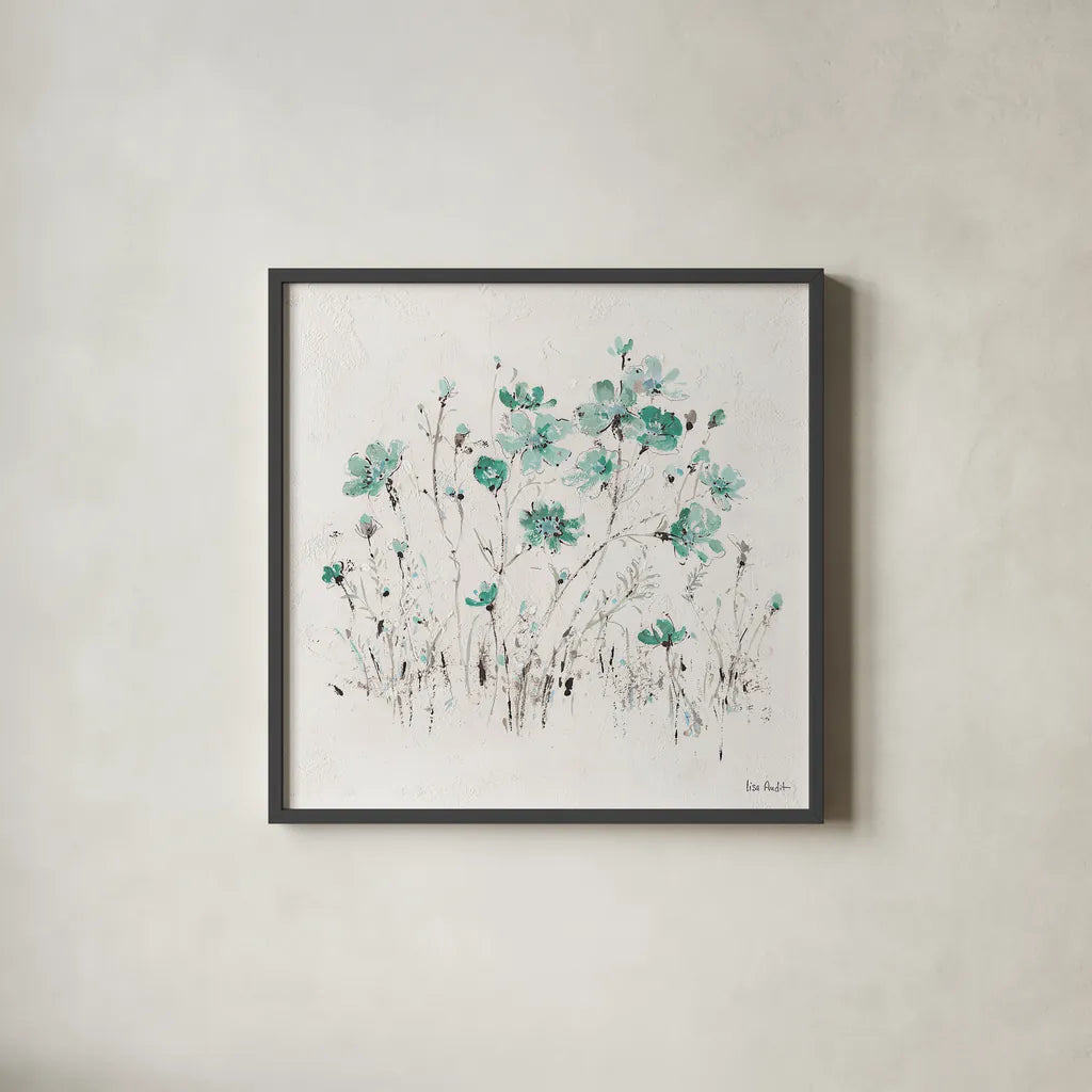Wildflowers II Turquoise by Lisa Audit. Shown in a sleek black glass frame for a contemporary gallery look. Available as an archival giclee rolled canvas, fine art paper, or poster print. SKU 37435a.